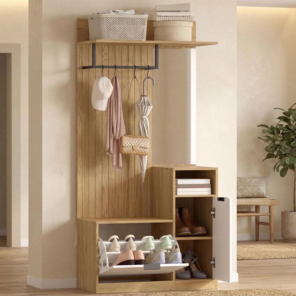 Appendiabiti con Panca, Scarpiera e Armadietto ¨C zephmum ¨C Rovere Bianco