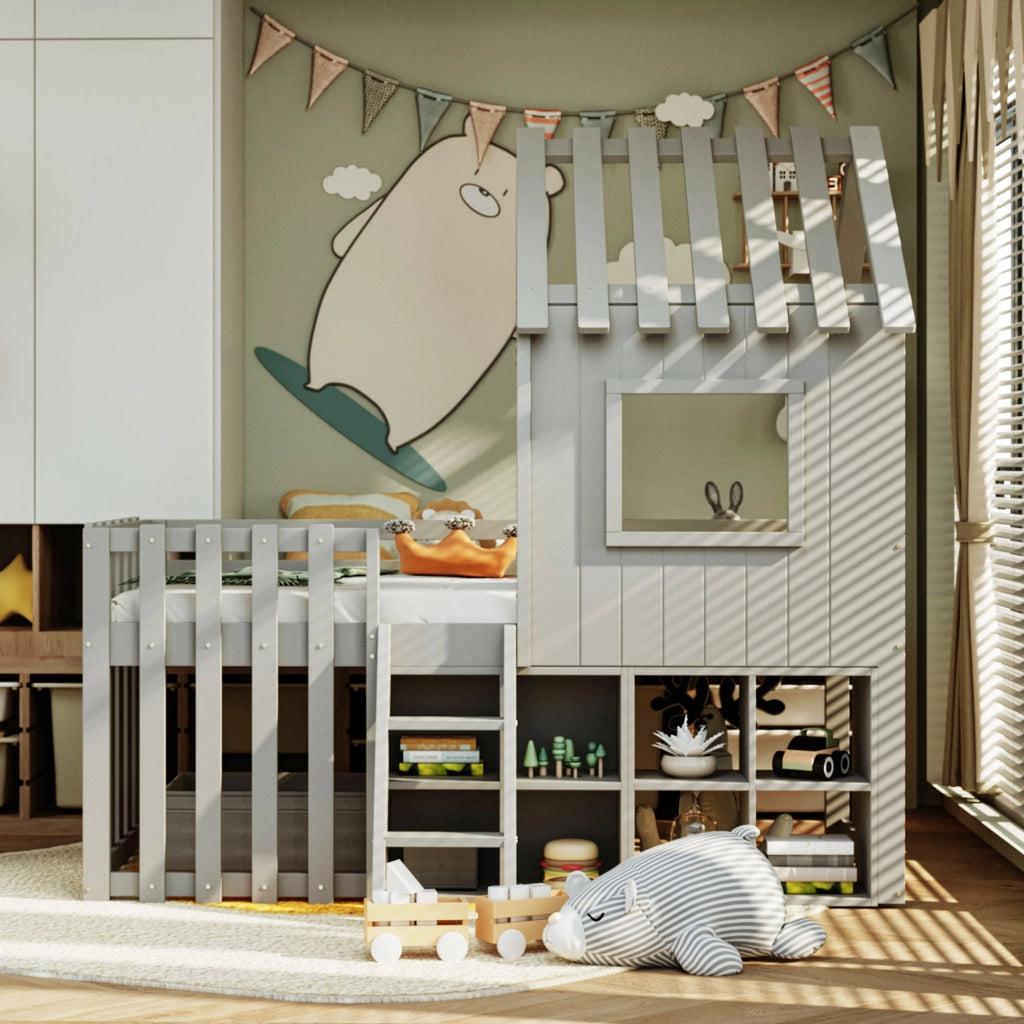 Letto a soppalco per bambini 90x200 cm a casetta con tetto e finestre; in legno grigio