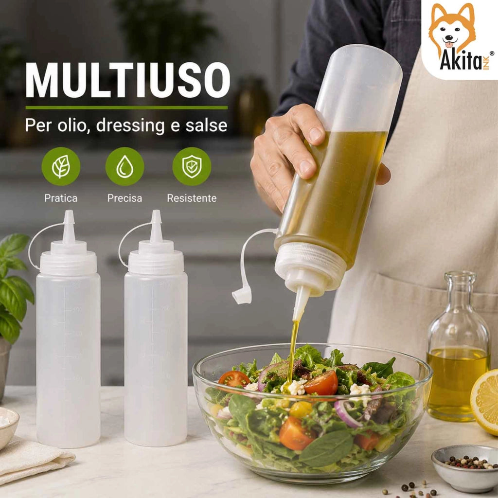 Akitaink Set 4 Bottiglie Squeeze per Salse 800 ml Dosatrici
