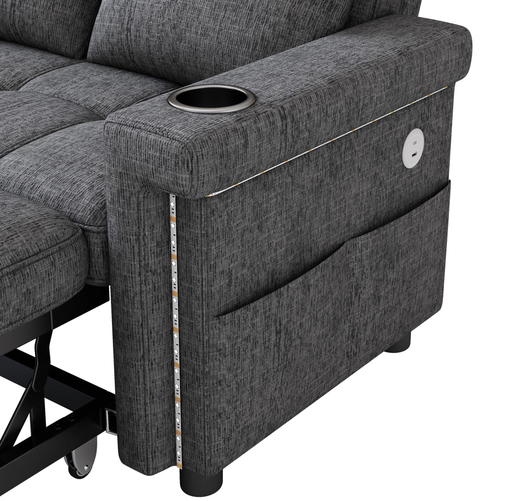 Divano letto 2 posti con LED; USB e Type-C; schienale regolabile; ciniglia grigio