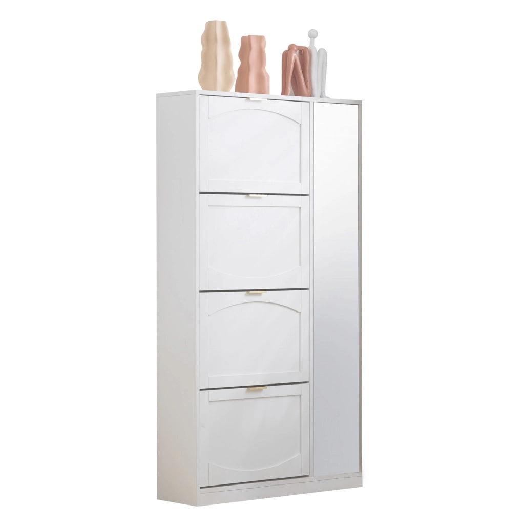 Scarpiera con specchio e 4 scomparti estraibili; 80x24x147 cm; bianco