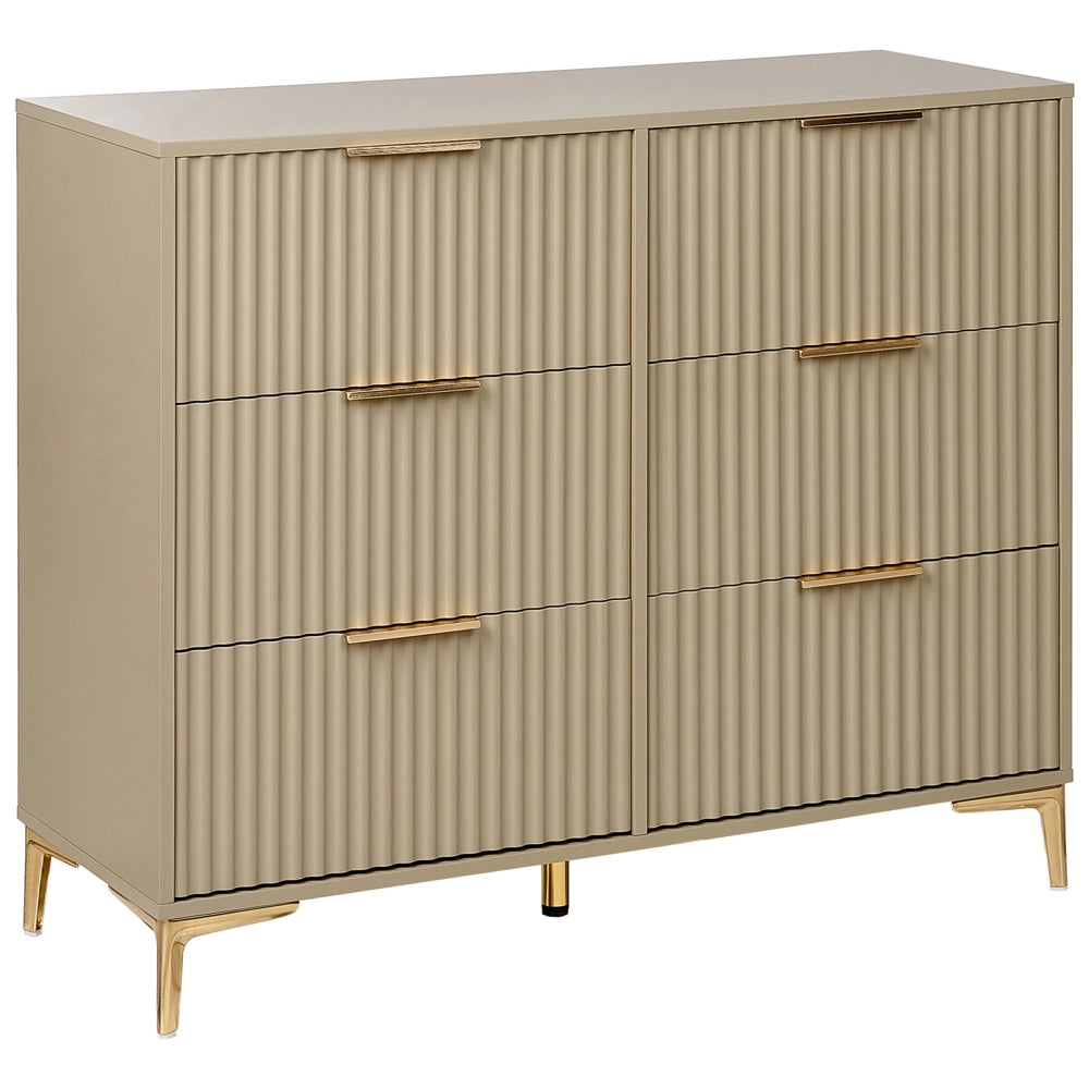 Cassettiera Beige MDF 6 Cassetti Gambe in metallo Maniglie Scanalate Frontali Design Moderno Camera da letto Soggiorno