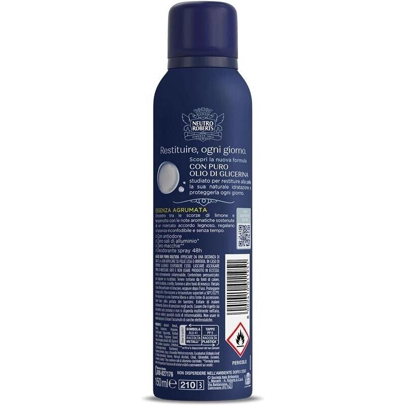 NEUTRO ROBERTS DEODORANTE SPRAY UOMO ESSENZA AGRUMATA CON ANTIODORE ZERO SALI DI ALLUMINIO 150 ML 48H