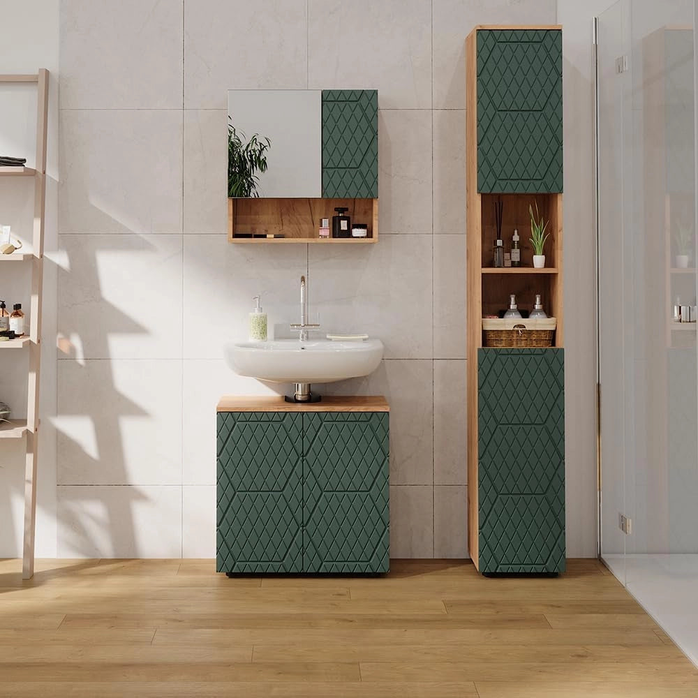 Mobiletto Irma, Quercia verde/oro, 60 x 59 cm, con ritaglio per sifone e ripiano interno per conservazione