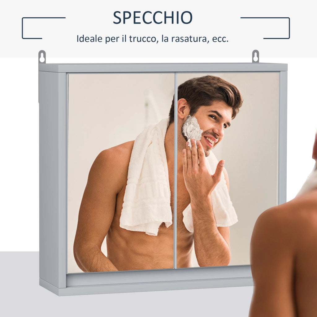 Armadietto Bagno con Specchio a 2 Ante ¨C Zephmum ¨C Grigio Legno 48x14.5x45cm