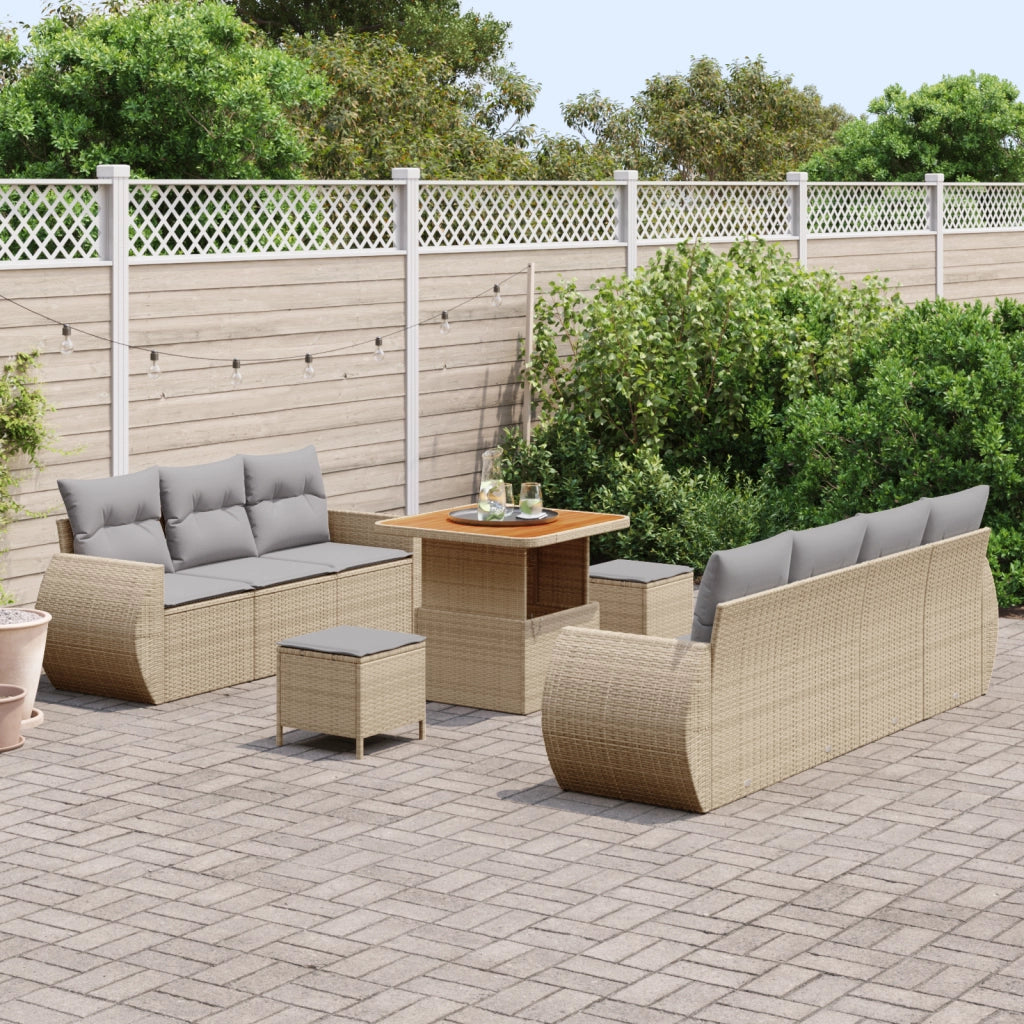 Set di Divani da Giardino 10 Pezzi con Cuscini Beige Polyrattan Acacia
