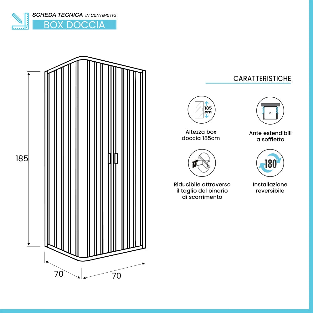 Box doccia 70x70x70 cm a soffietto in PVC bianco tre lati con chiusura centrale Teti