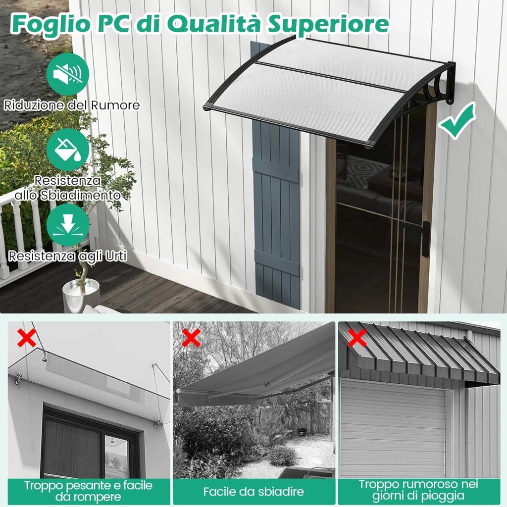 Tettoia per Porta Finestra, Pensilina Tettoia per Porta Balcone Esterno, per Protezione da Sole, Pioggia, Neve e Vento, 122 x 99 cm