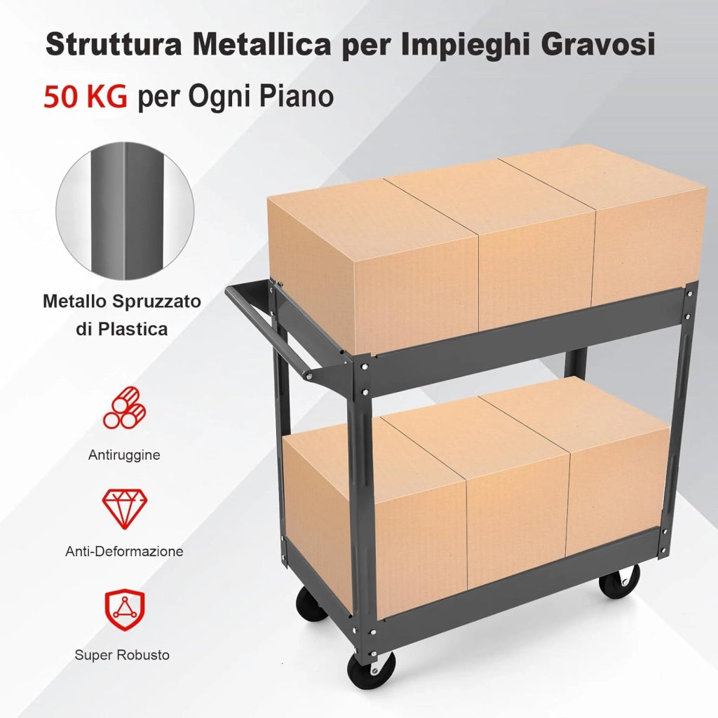 Carrello Porta Attrezzi in Metallo a 2 Livelli, Carrello Portautensili Multifunzione con Maniglia, Capacità di carico di 50 kg (Nero)
