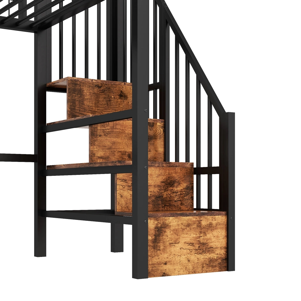 OKWISH Letto a Soppalco 90×200 cm, Letto Singolo con LED Regolabile, Scala con Contenitori e Spazio Libero, senza Materasso, in Metallo, Nero