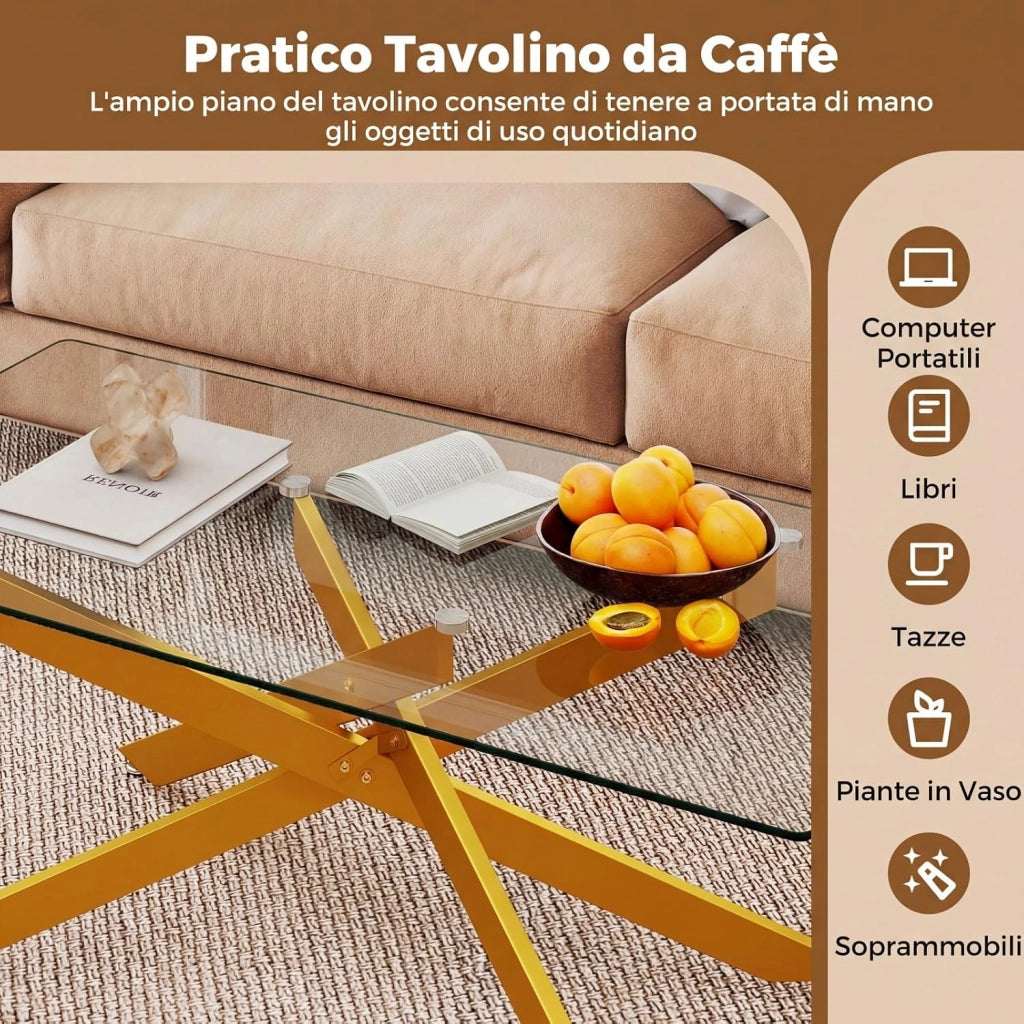 Tavolo da Caffè, Tavolino Salotto in Vetro Temperato con Gambe Incrociate in Metallo Placcato e Piedini Regolabili Antiscivolo, per Soggiorno e Ingresso, 120 x 60 x 45,5 cm (Oro)
