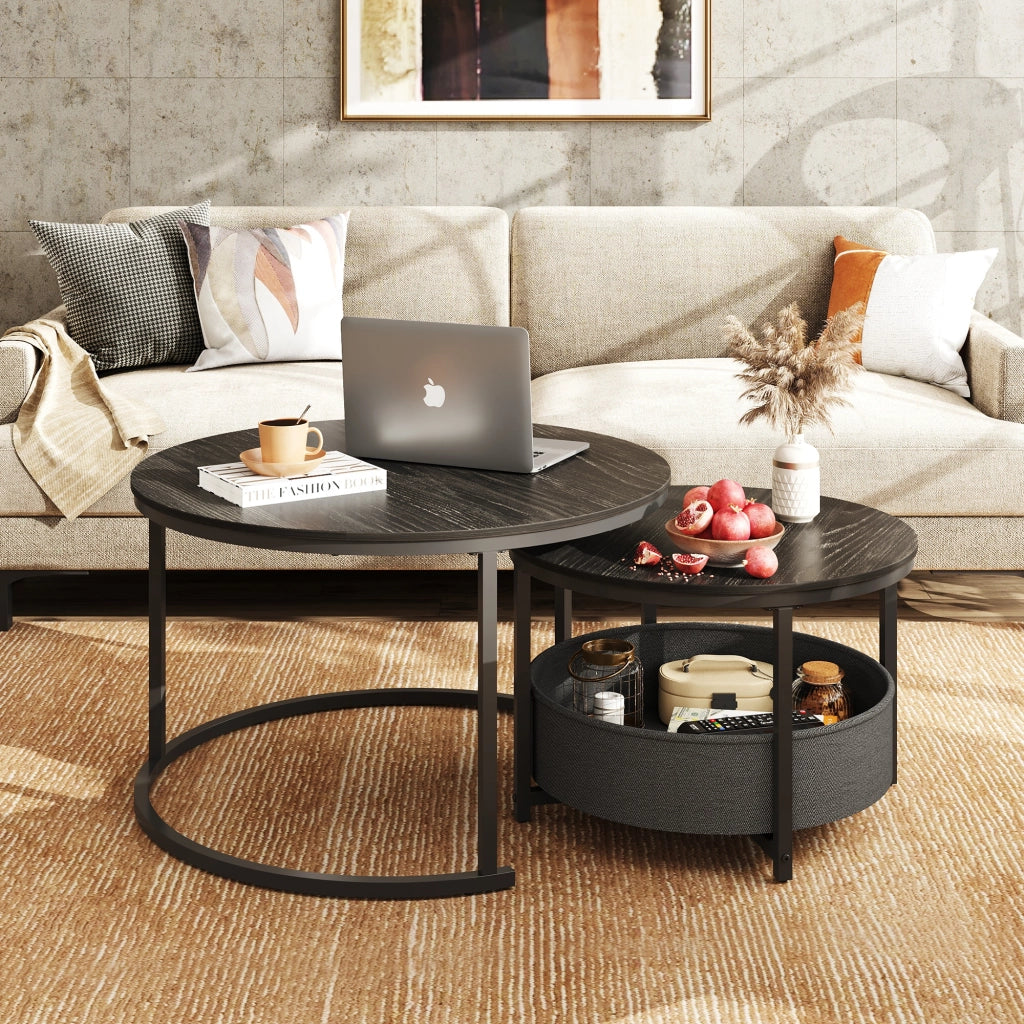 Tavolino da salotto rotondo 2 pezzi ¨C zephmum ¨C nero effetto legno con cesto