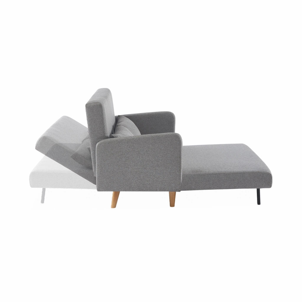 Divano letto clic-clac in tessuto con gambe in legno, 2 posti, grigio