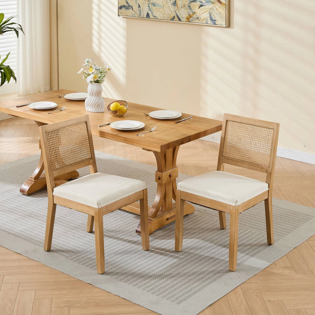 Set di 2 sedie da pranzo, schienale in vimini, stile rustico, struttura in legno, seduta imbottita, colore legno naturale e beige
