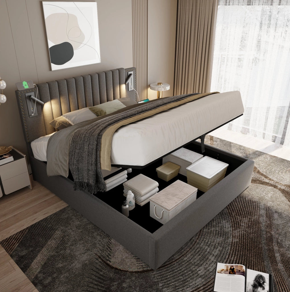 Letto contenitore 140x200 cm con rete a doghe; luci da lettura e USB/Type-C; cotone grigio
