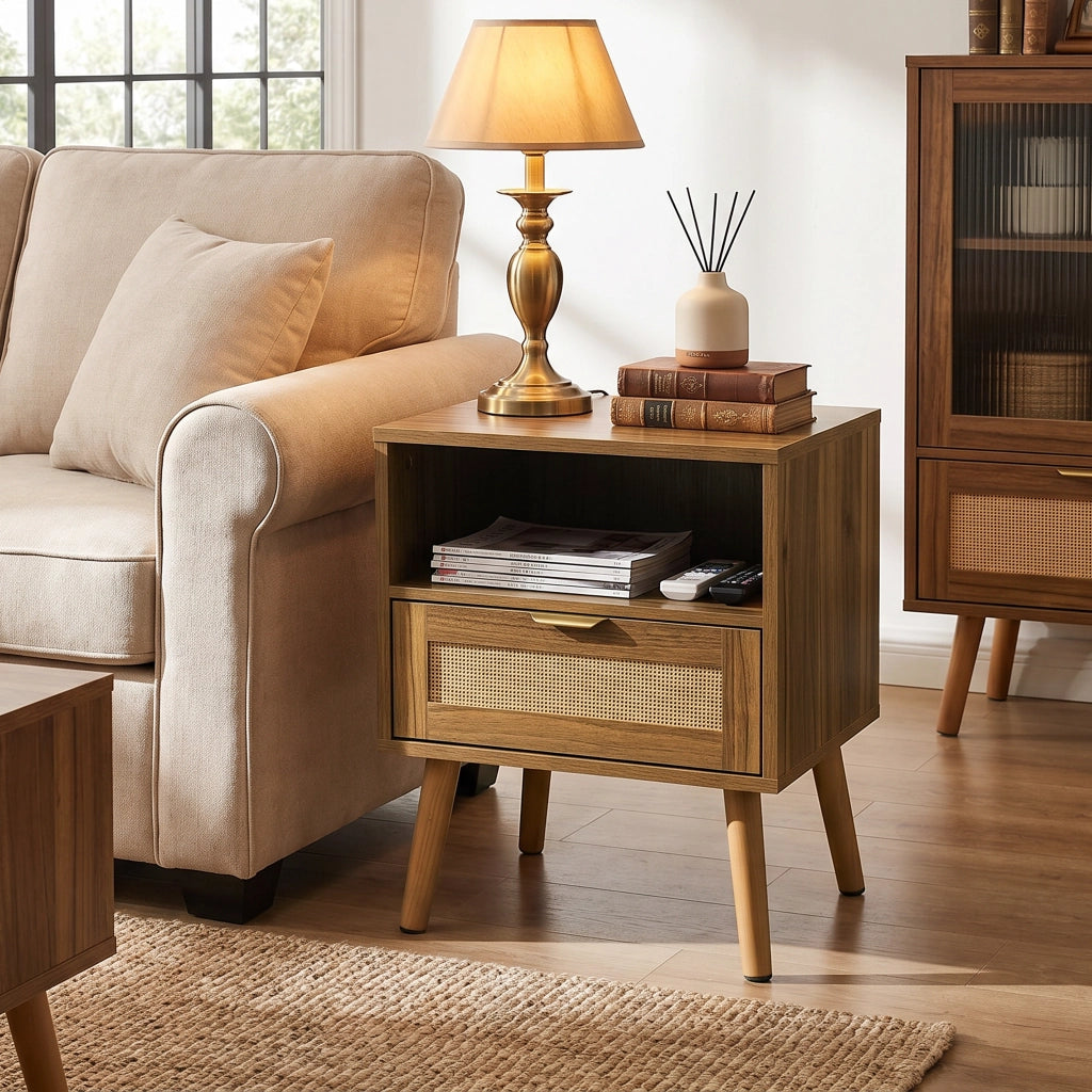 COMODINO in Rattan 45x40x55 cm Noce con Cassetto e Ripiano Aperto