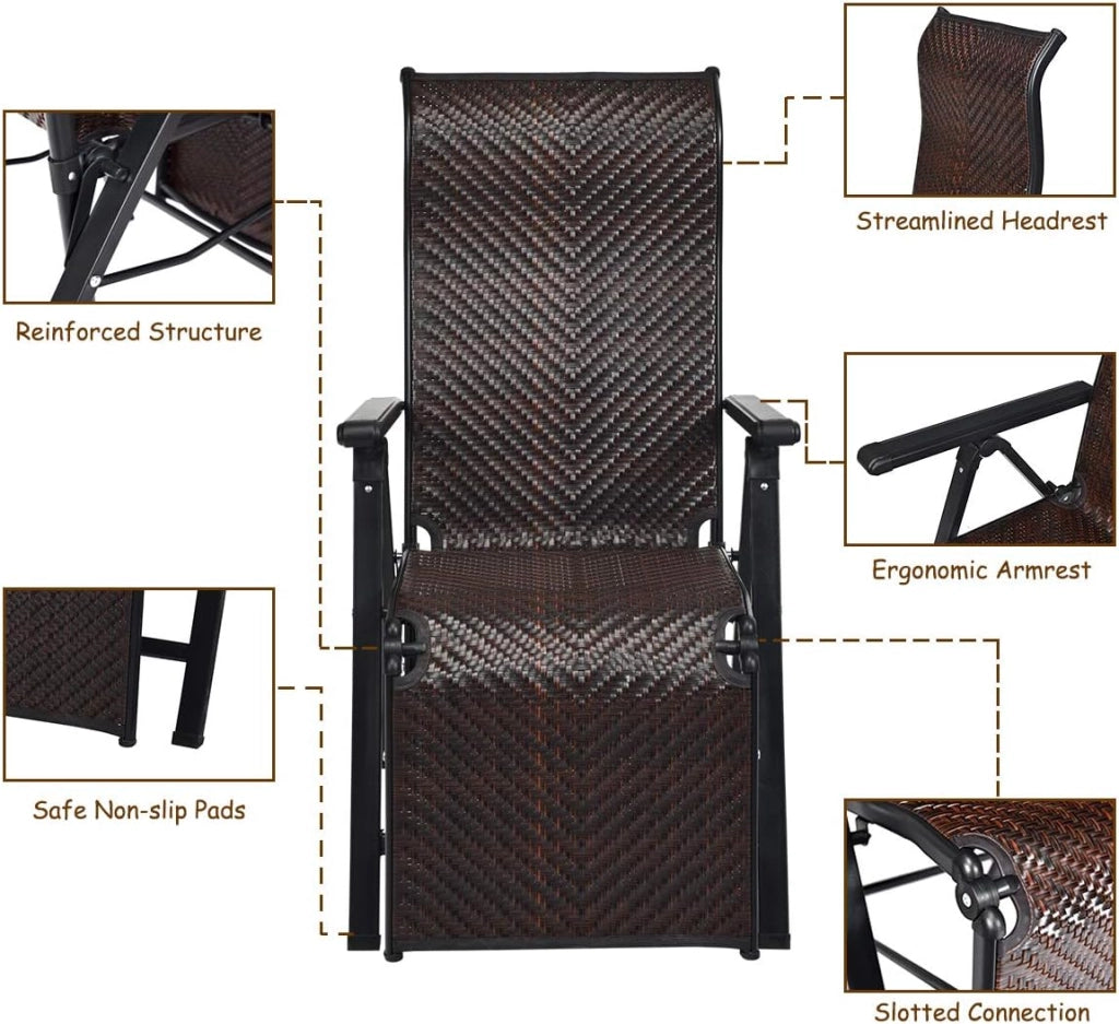 Sedia a sdraio pieghevole, set da 2 pezzi, sdraio da giardino, schienale regolabile, sdraio da campeggio, sdraio relax in rattan, portata fino a 113 kg, pieghevole 151,5 x 59 x 75 cm