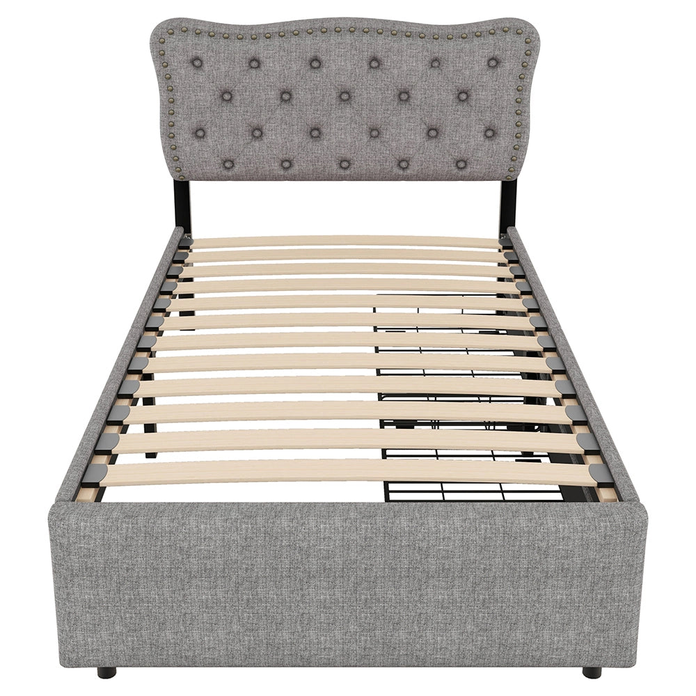 Letto imbottito per adulti 90x200 cm - Xylo - Grigio con testiera rivettata e cassetti