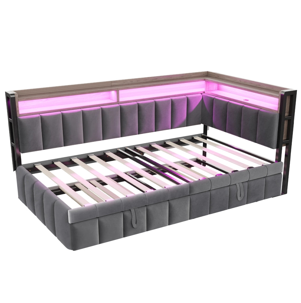 Letto estraibile 90x200 cm con secondo letto; LED regolabile; USB-C e vani; velluto grigio