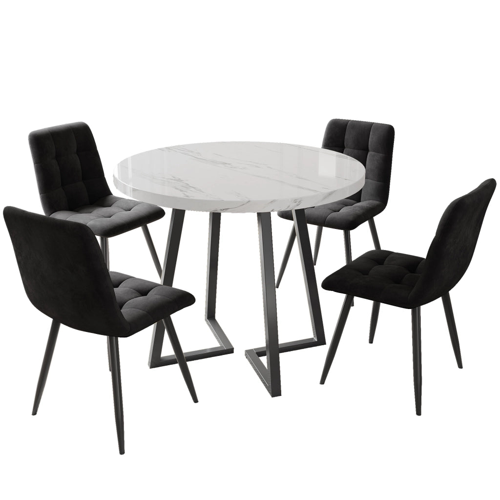 Tavolo da pranzo per 4 persone con 4 sedie in velluto, piano rotondo in MDF, per cucina, 80 cm, multicolor