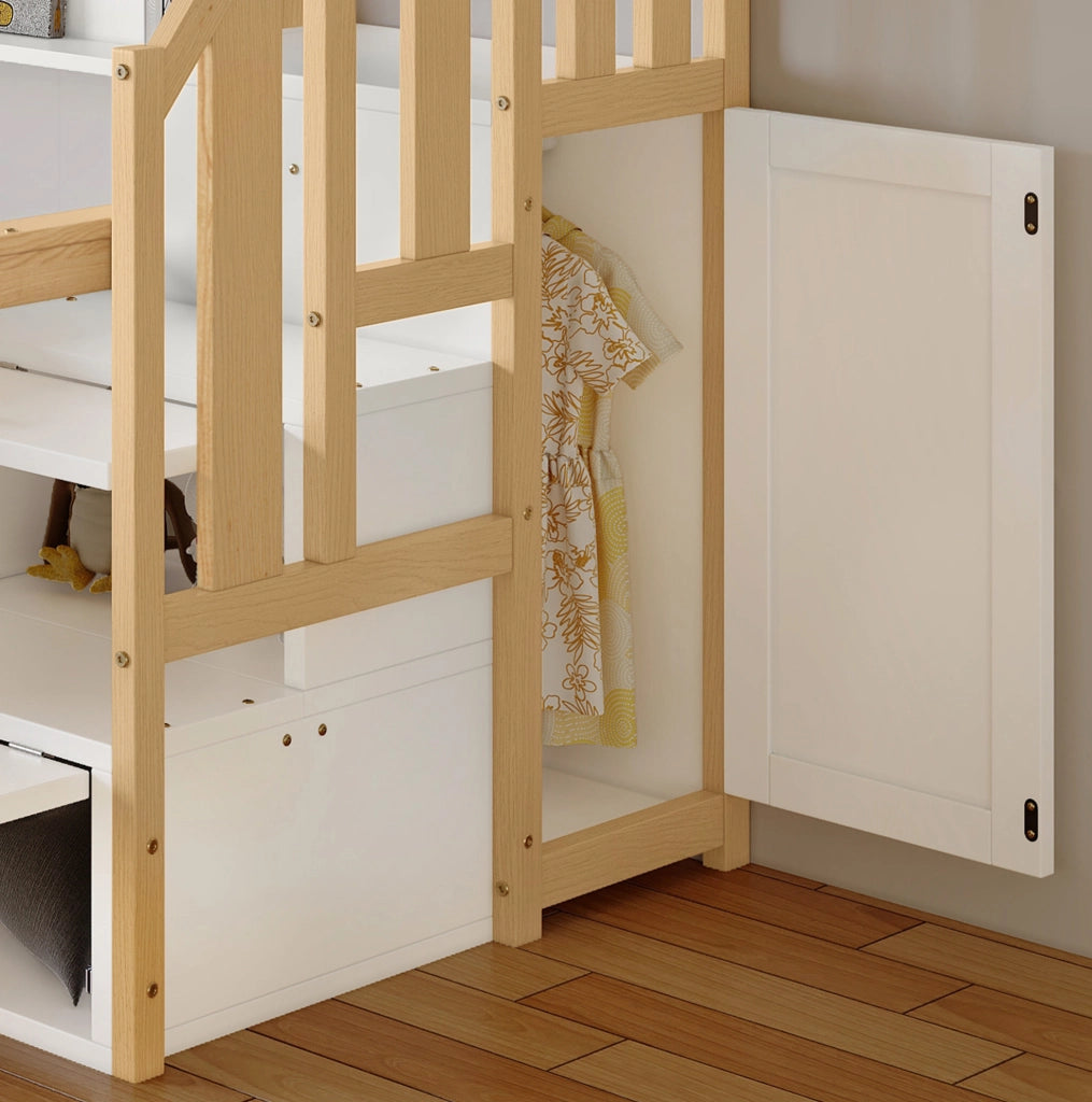 Letto a castello per bambini 3 posti con letto estraibile, armadio e scala contenitore