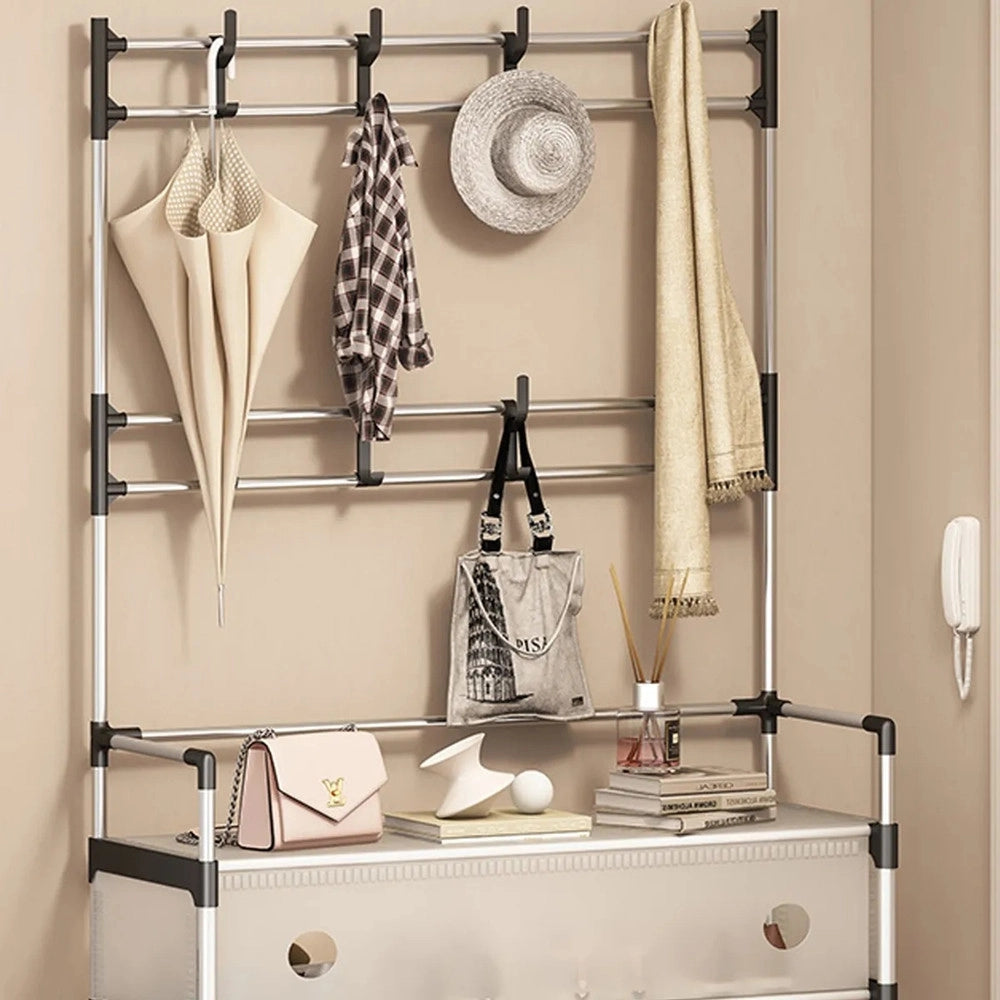 Trade Shop - Appendiabiti 8 Ganci Scarpiera 4 Ripiani Organizer Scarpe Armadio Multifunzione In Acciaio -