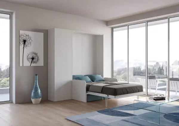 Letto una piazza e mezzo a scomparsa 120 Kentaro con divano e colonna bianco frassino, azzurro
