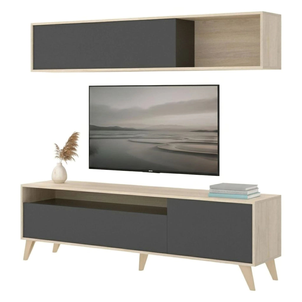Mobile porta TV Arusha, Set da soggiorno porta TV, Mobile salotto multiuso, 180x41h180 cm, Antracite e Rovere Nodi