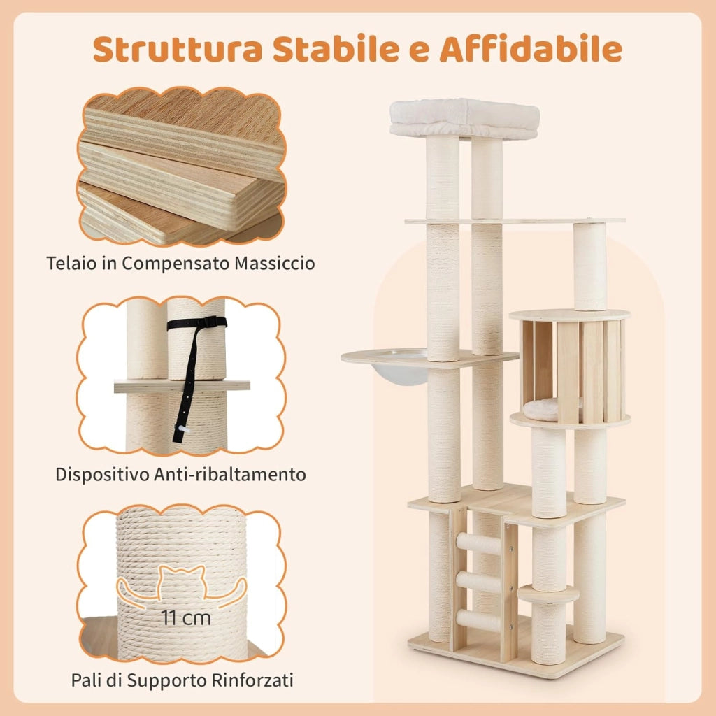 Albero per Gatti Alto 185 cm. Tiragraffi per Gatti in Plywood Solido con Condo, Posto d’Osservazione, Capsula Spaziale, Posti per Graffiare, Scala a 3 Gradini, Mobili per Animali da Interno