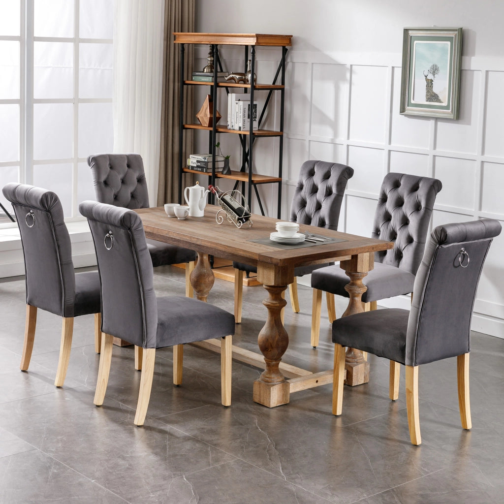 Set di 2 sedie da sala da pranzo in velluto grigio con gambe in legno di quercia, schienale curvo e design capitonné