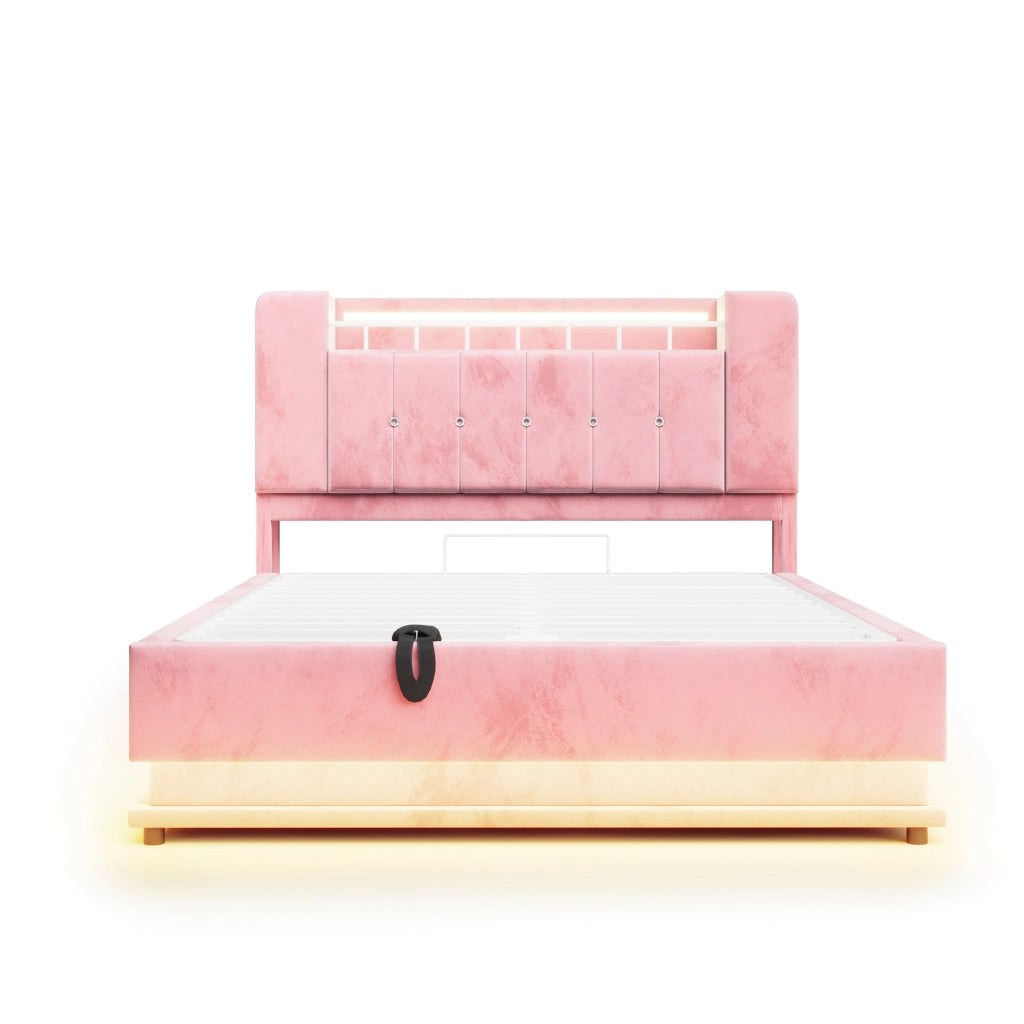 Letto Imbottito 140x200 cm con Contenitore Idraulico; LED e Prese USB; Velluto Rosa
