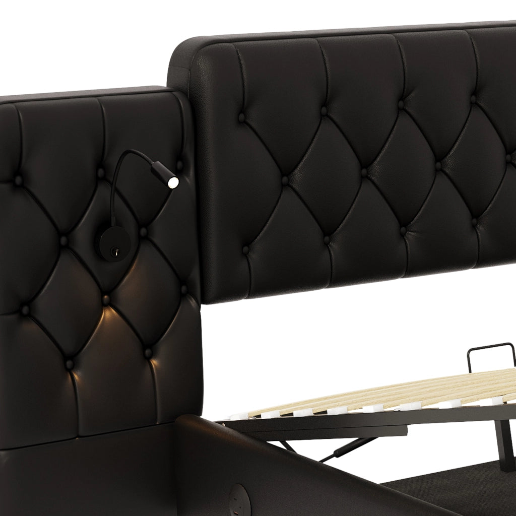 OKWISH Letto Contenitore 160×200 cm, Letto Matrimoniale con USB, Luci da Lettura e Contenitore, senza Materasso, in Ecopelle PU, Nero