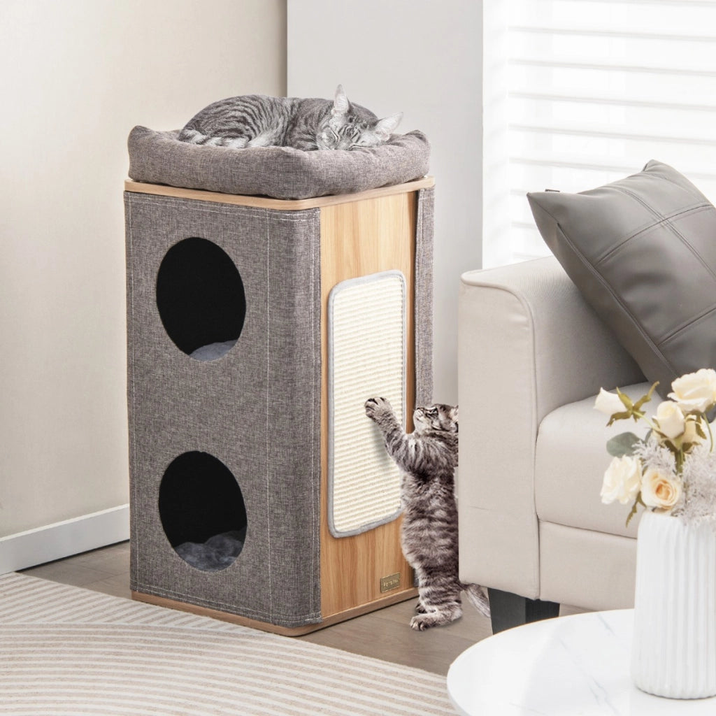 Casetta per gatti a 3 piani con tiragraffi 2 scomparti coperti cuccia 3 materassini, Casa gatti moderna Grigio-Lettini e divanetti