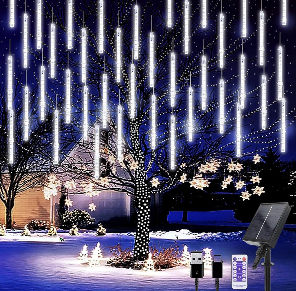 Luci di Natale Catena Luminosa natalizia a LED di 10 Meteoriti a Ricarica solare e USB con Telecomando luce fredda