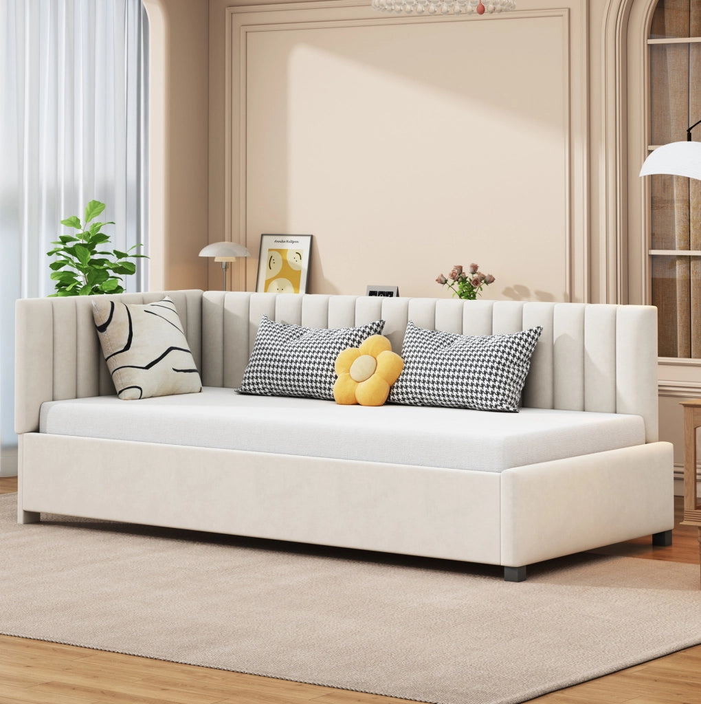 Letto imbottito 90x200 cm con rete a doghe; in velluto beige