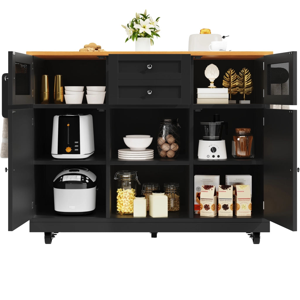 Isola Cucina con Piano di Lavoro ¨C MINIMAL ¨C Nero, Legno, con Ruote e Ante 3D