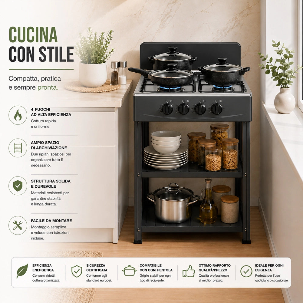 Cucina da Esterno con 4 Fuochi Nero Cucinotto da Campeggio in Ferro 49x49x79cm
