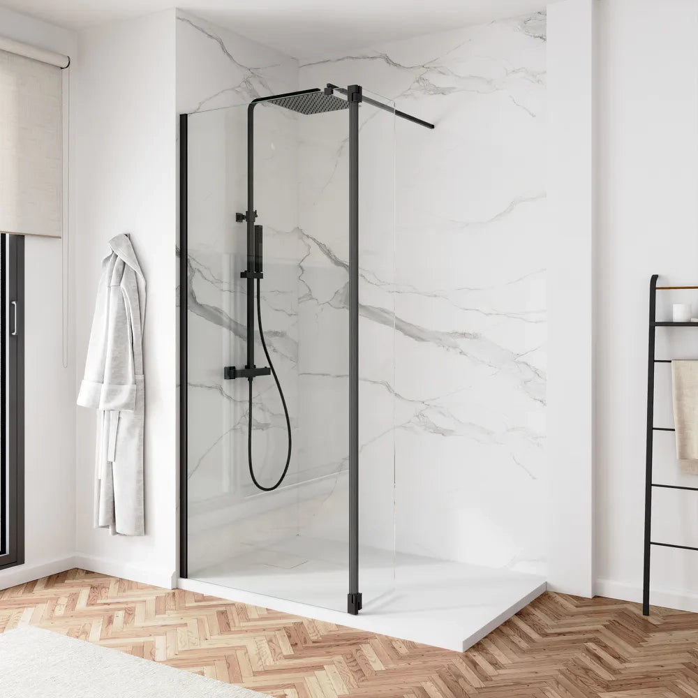 Doccia walk-in 60cm + anta 40cm vetro 8mm trasparente profili neri | Keros