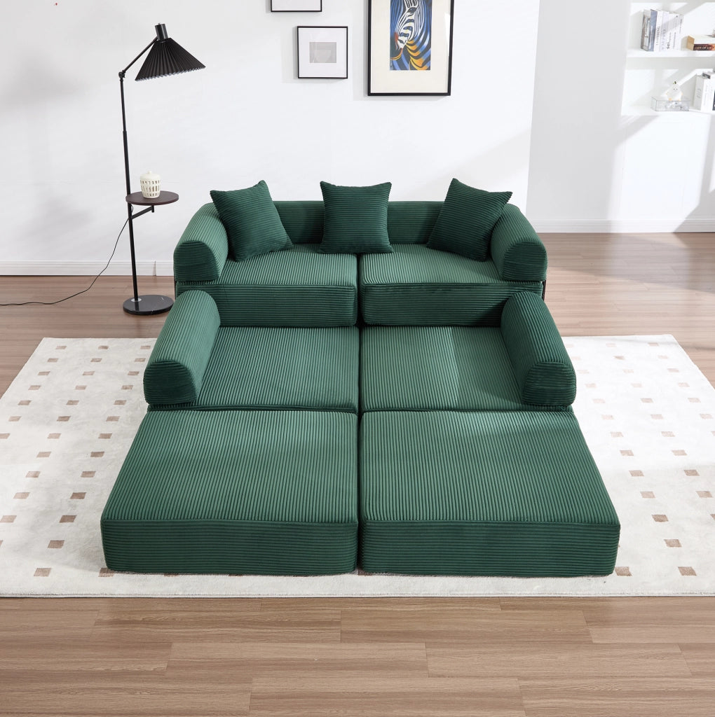 Divano modulare con tasca laterale e funzione letto 270x180x64 cm; velluto a coste verde smeraldo