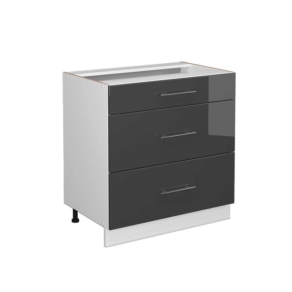 Mobiletto base per cucina Fame-Line Antracite lucido/Bianco 80 cm con 3 cassetti, senza piano di lavoro Vicco