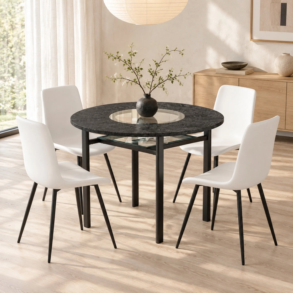 Set tavolo da pranzo rotondo Ø100 cm con ripiano in vetro e 4 sedie in PU bianche HOMVRA