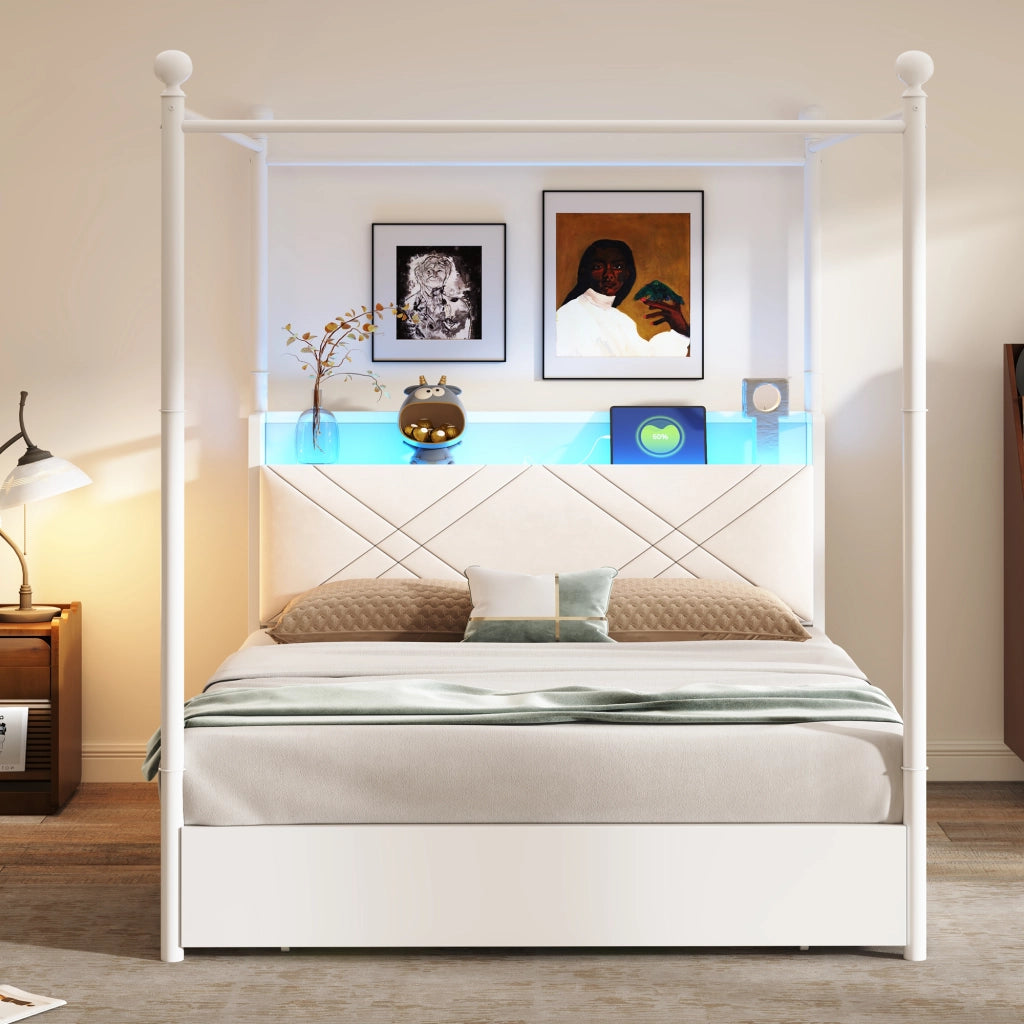 DESMIU Lit adulto 140 × 190 cm 2 posti con LED, USB e Type-C, senza materasso, in metallo, bianco