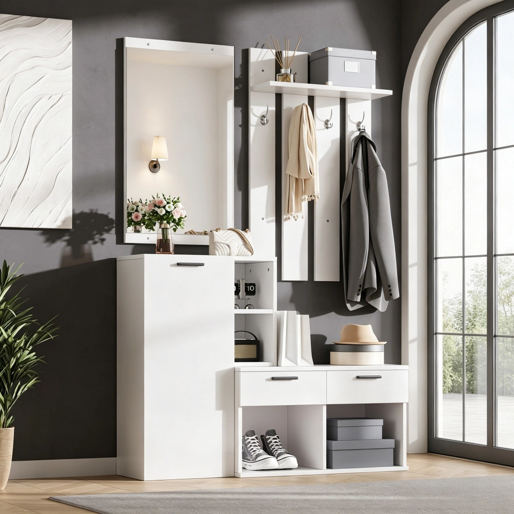 Mobile Ingresso con Specchio e Appendiabiti Bianco in MDF 120x35x175.5 cm