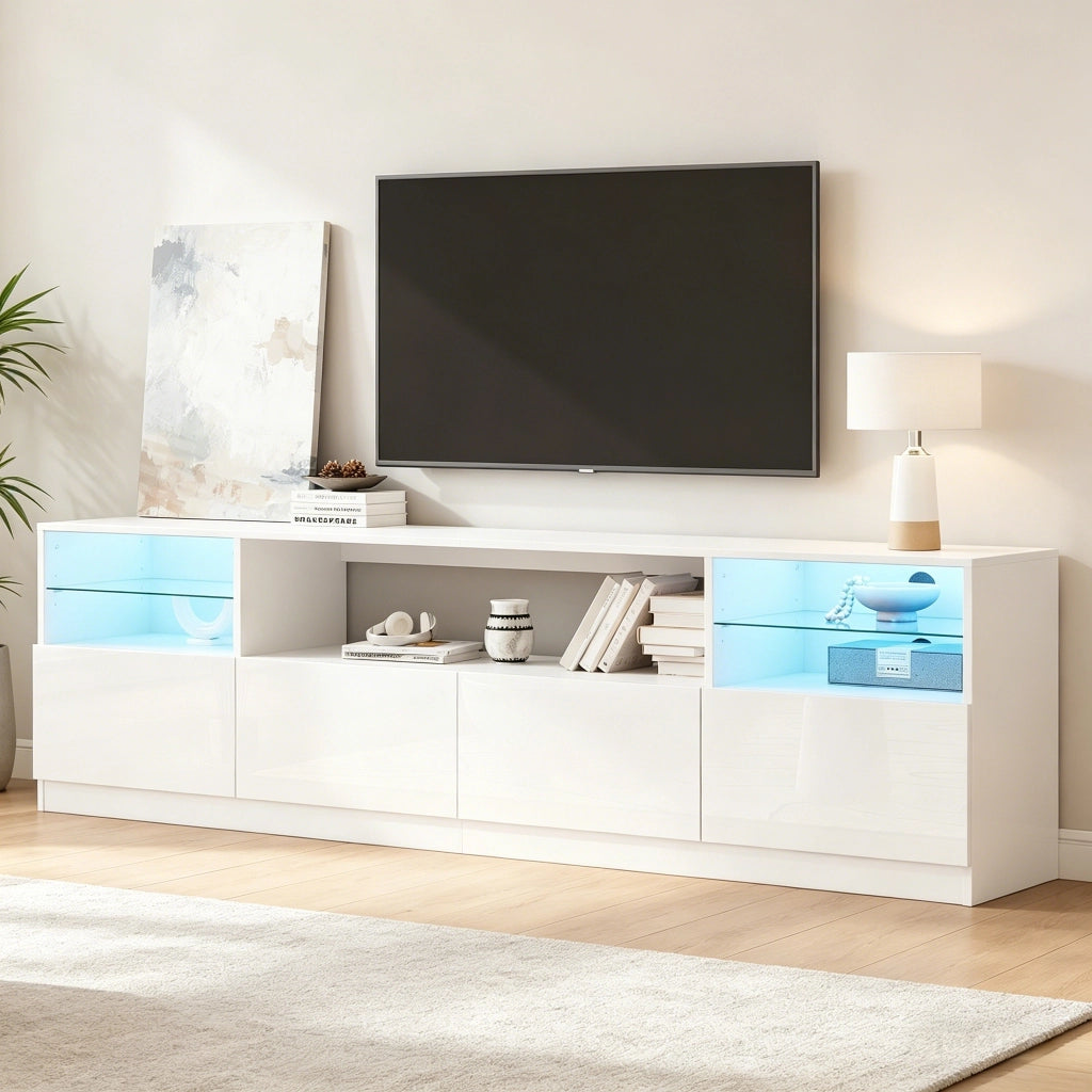 Mobile porta TV con LED, 4 ante e 8 vani contenitore, per soggiorno, in truciolato bianco lucido, 180 × 35 × 60 cm