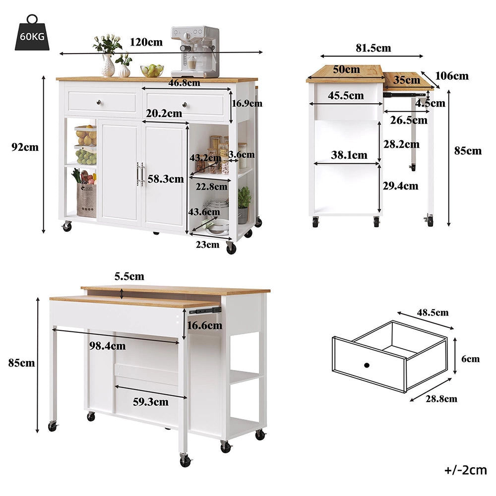 Isola cucina premium con ruote - Xylo - 2 cassetti freni legno multifunzione