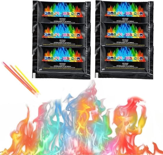 6 pezzi di polvere per cambiamento di colore di fiamma colorata con 4 pezzi di luci a led per Halloween e Natale