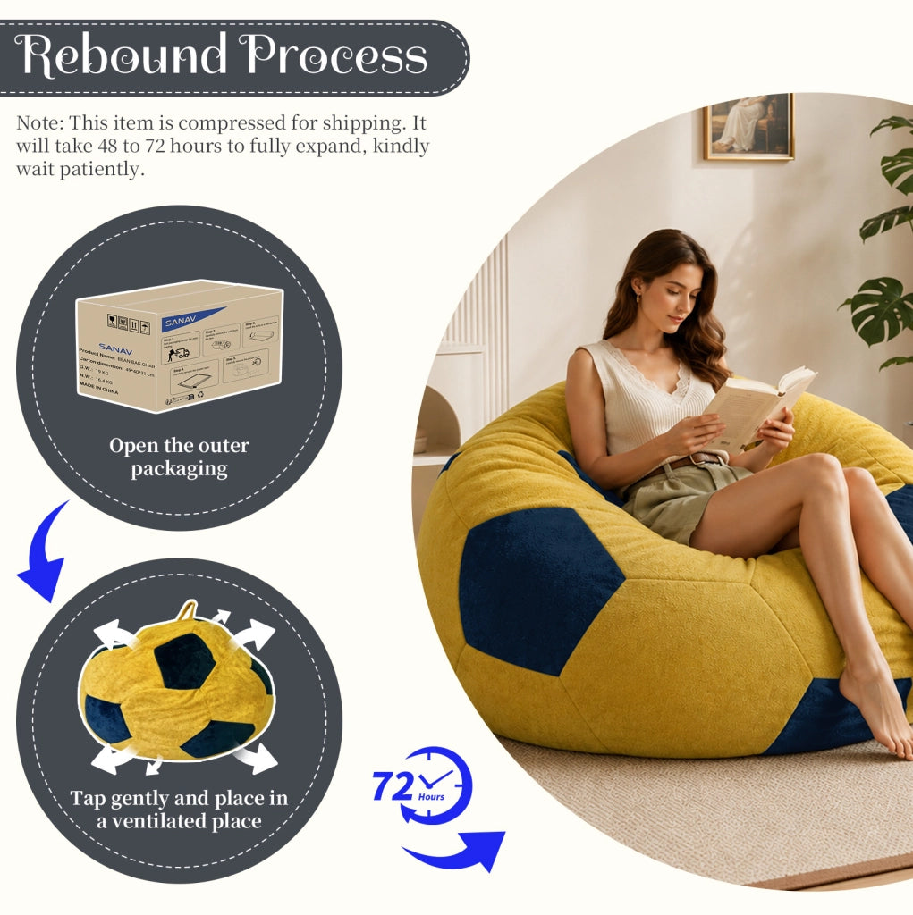Poltrona sacco rotonda ULEVR in flanella blu e gialla con imbottitura in memory foam granulare
