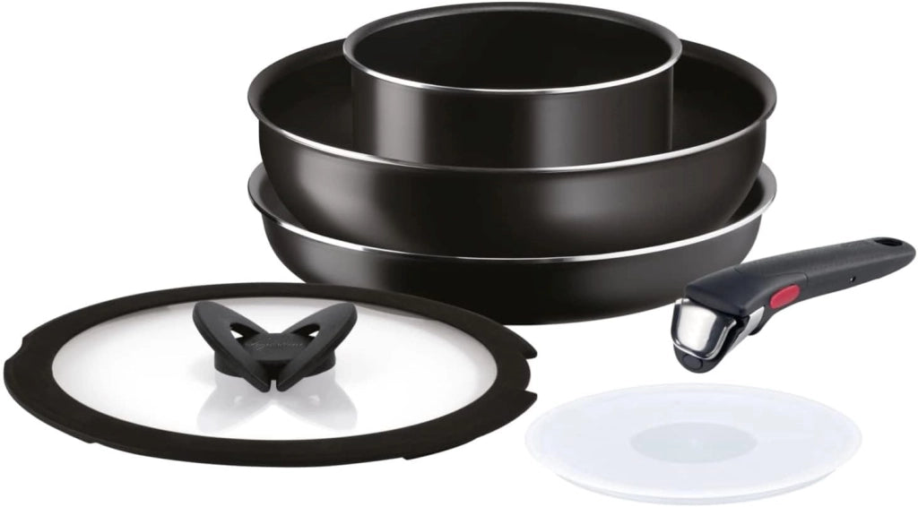 Lagostina Ingenio Essential Plus Set di Pentole, Alluminio per Gas e Forno (no induzione), 17 Pezzi, 2 Casseruole Fonde, 2 Padelle, Tegame, Wok, 5 Coperchi, 5 Proteggi Padella e Manico Removibile
