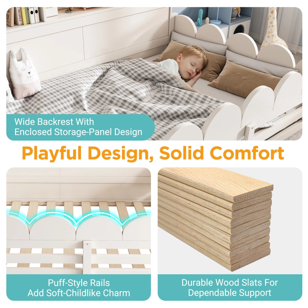 Letto per bambini 140x190 cm, con sponde di sicurezza e vano contenitore, in MDF, bianco