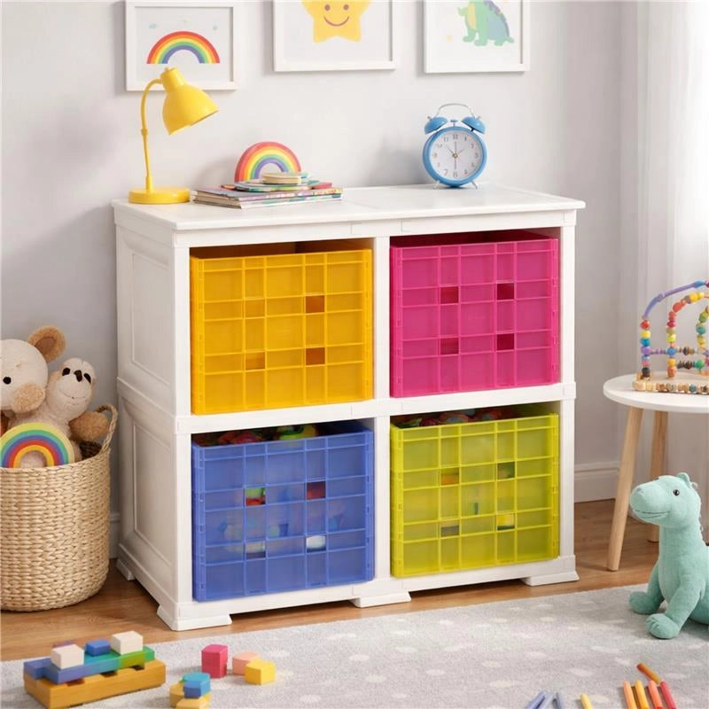 SCAFFALE 2 MODULI ANGORA 79X41X85,5 CM CON 4 CONTENITORI CUBO A SCORRIMENTO – LIBRERIA ORGANIZZATORE PER CAMERETTA E ZONA CREATIVA